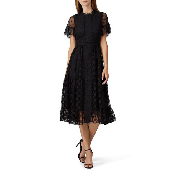 Saloni Andie Black Polka Dot Mesh Short Sleeve Cocktail Midi Dress Size 6 - Picture 1 of 15